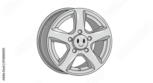 Whimsical automotive rim illustration featuring a smiling face in the center hub with unique charm