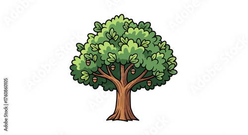 Whimsical cartoon oak tree with acorns against a plain background ideal element