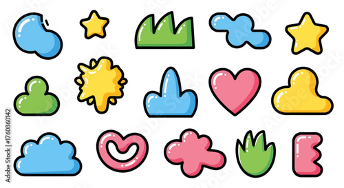Whimsical collection of colorful cartoon icons featuring clouds, stars, hearts, and playful shapes