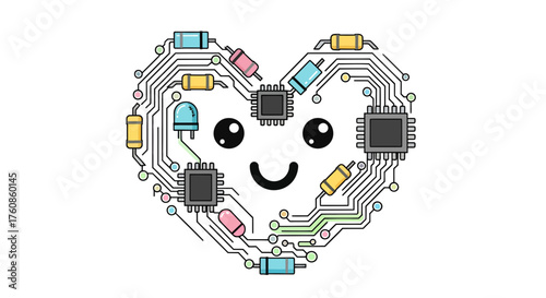 Whimsical electronic heart illustration featuring integrated circuits and cheerful expression