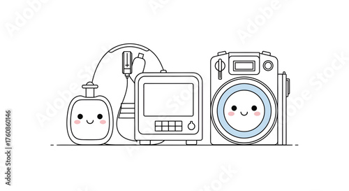 Whimsical friends: delightful gathering of illustrated electronic devices and appliance characters