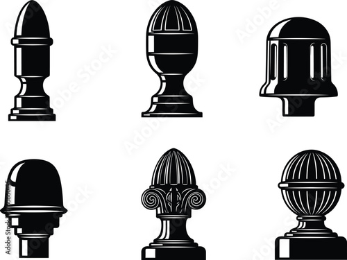 Set of creative decorative iron finials and unique fence spearhead designs featuring owl, geometric, and ornamental vector silhouettes