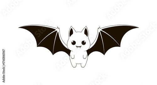Whimsical halloween themed illustration featuring a cute cartoon bat with large wings