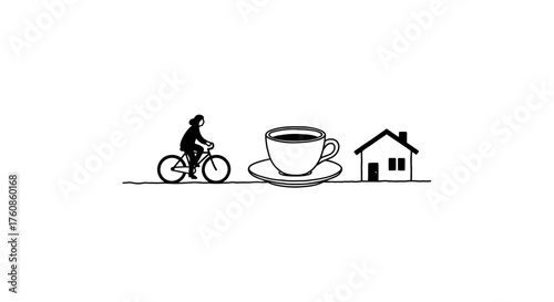 Minimalist Line Art Illustration of Cyclist, Coffee Cup, and House in Sequence Style