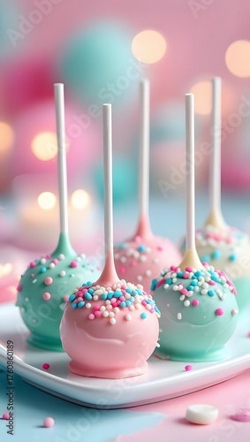 Pastel colored cake pops with sprinkles on a white plate in a soft focus background