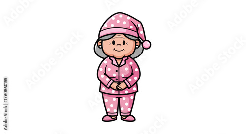 Whimsical illustration showcasing a cartoon grandma ready for dreamland wearing pajamas