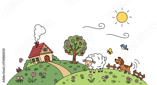 Whimsical rural landscape featuring a cozy house sheep dog sun and blooming flora scenery