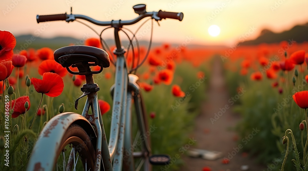 Naklejka premium Vintage bicycle parked in a field of red poppies at sunset
