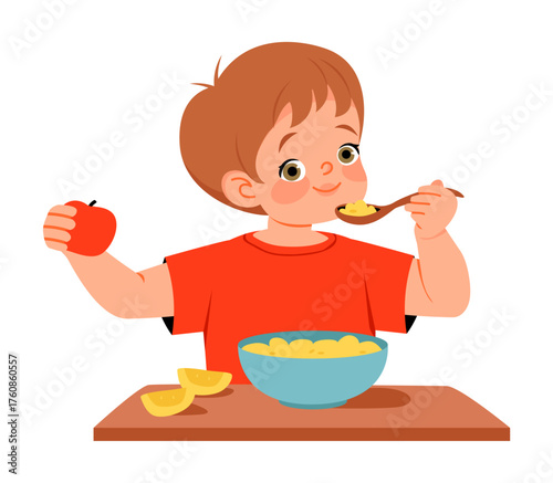 Boy eating porridge and fruit for breakfast. Healthy kids food concepts. Balanced nutrition for child. Flat vector illustration.