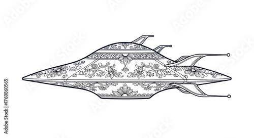 Ornate spaceship line art featuring floral patterns in black and white design