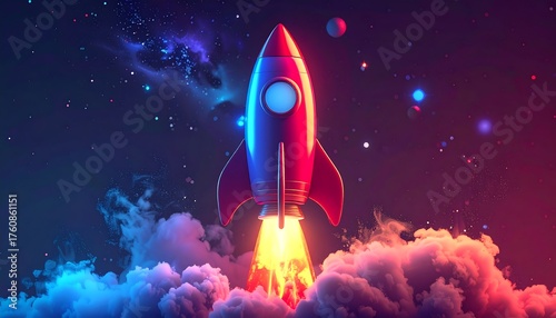 A vibrantly lit rocket ship blasts off amidst a colorful, starry cosmic backdrop. Smoke and fire emanate from its boosters. Floating planets present