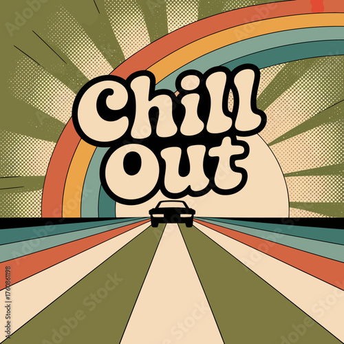 Retro chill out vibes a car drives towards a vibrant rainbow sunburst on a psychedelic road vector