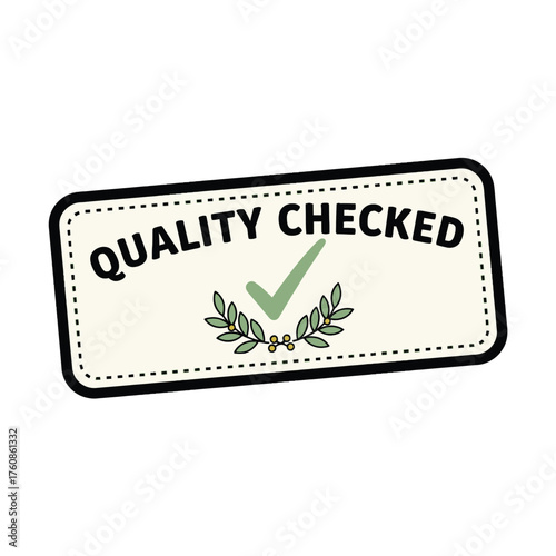 Quality checked stamp with a green checkmark and olive branches label badge