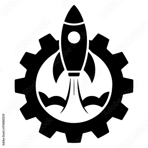 Black silhouette of a rocket ship launching from a gear, symbolizing innovation and technological advancement