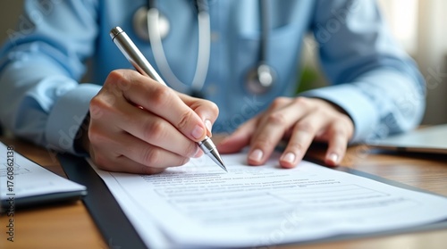 A doctor in a blue shirt with a stethoscope writes on a document.