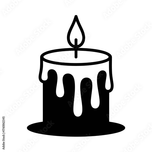 Vector art of burning candle with dripping wax in black color