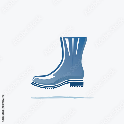 Stylized vector graphic featuring a single blue rain boot floating against a white backdrop