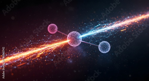 Abstract 3D rendering of atoms and molecules colliding with energy beams, scientific concept
