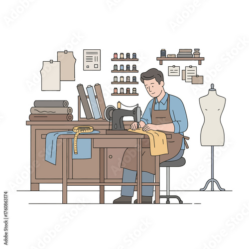 Tailor sewing fabric on a sewing machine at a wooden desk with fabric rolls and mannequin tailor shop