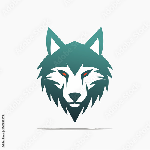 Stylized Wolf Head Emblem with Teal Gradient and Piercing Red Eyes