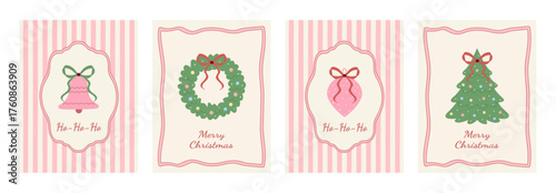 Merry Christmas card set with an elegant hand-drawn Xmas tree, bows, ribbons, wreath, toys, bell, snowflakes, and whimsical frames. Vintage vector set for festive posters, covers, banners, backgrounds