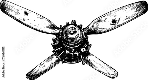 Vintage aircraft propeller illustration in engraving style. Black and white vector art, showcasing mechanical details in a set of features and outlines.