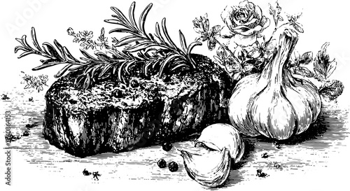 Engraving of meat garnished with rosemary and garlic. The design features intricate details and a classic style in this vector illustration set.
