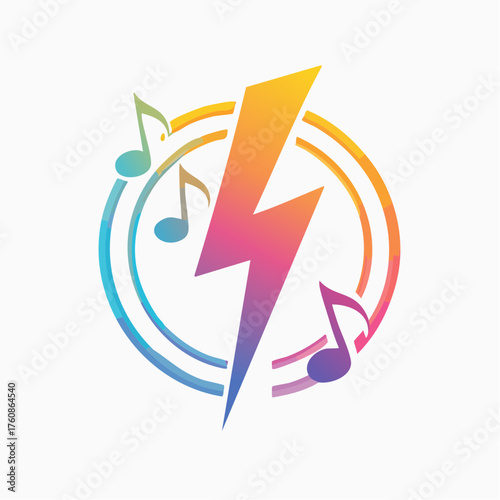 Vibrant lightning strike graphic featuring melodic musical notes within circles