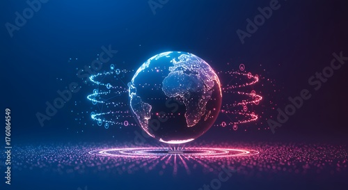 Abstract Digital Earth with Glowing Orbits and Particles on Dark Blue Background