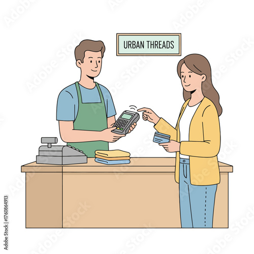 Woman paying with a credit card at a clothing store counter labeled URBANTHREADS retail shopping