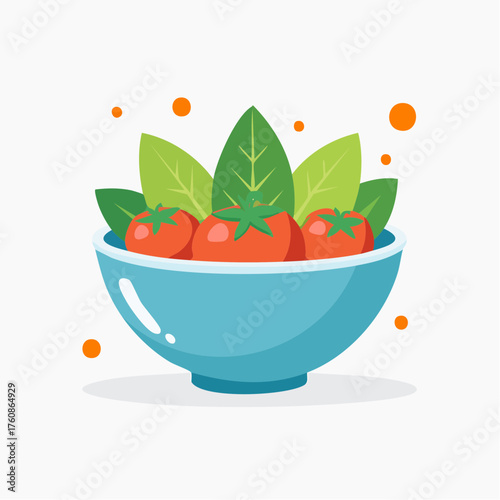 Vibrant vector illustration of tomatoes and basil in a light blue bowl centerpiece