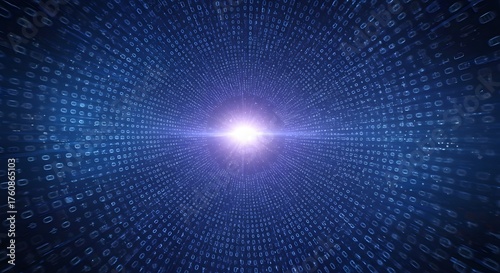 Abstract Digital Tunnel of Binary Code Data Stream with Bright Light at the End
