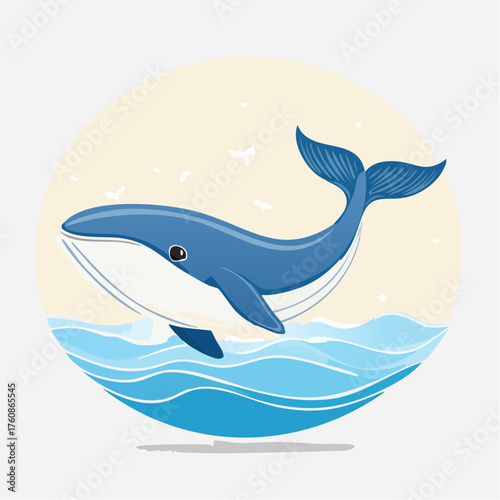Whimsical whale illustration swimming across the serene ocean backdrop