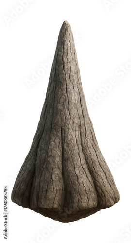 Conical-shaped cypress knee with aged gray bark.