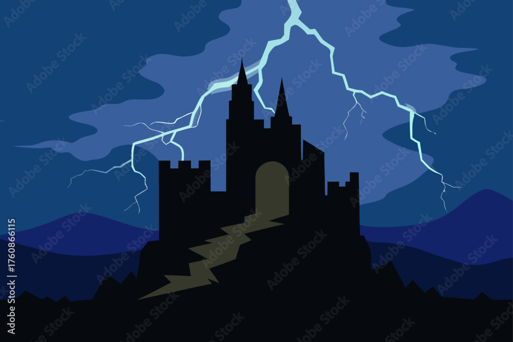 Fototapeta premium Silhouette of a castle under a dramatic lightning storm at night