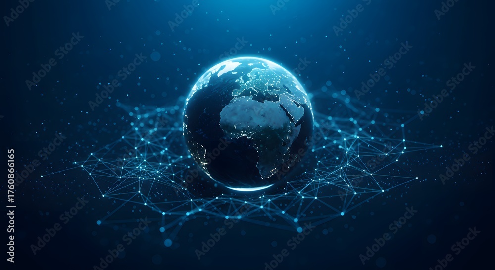 Obraz premium Abstract Network Globe Earth Digital Connection and Technology Background with Glowing Particles