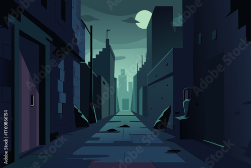 Dark city alleyway at night with distant moonlit skyline