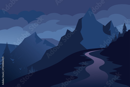 Serene mountain landscape at dusk with winding road