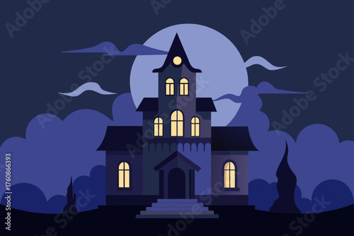 Spooky haunted house with glowing windows under a full moon and clouds