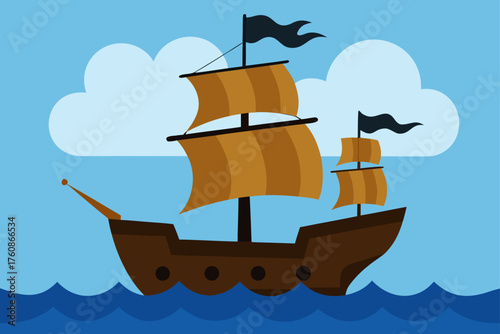 Cartoon sailing ship with brown hull and orange sails on a blue sea