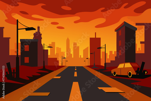 Apocalyptic cityscape with burning sky and abandoned car