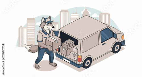Anthropomorphic Wolf Delivering Packages With A City Skyline Background