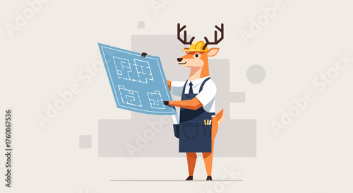 Architect Deer Inspecting Blueprint In Hardhat Cartoon Character Design