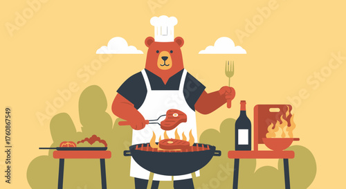 Bear Chef Barbecuing Steaks Outdoors In Cartoon Style Illustration