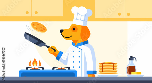 Dog Chef Making Delicious Pancakes In Kitchen Illustration