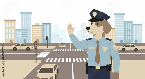 Dog Policeman Directing Traffic In A Cityscape Illustration