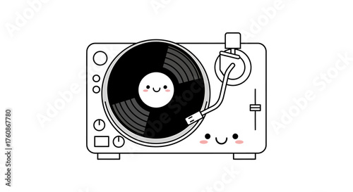 A cute, kawaii-style illustration of a record player with a smiling vinyl record on top.