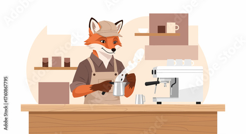 Fox Barista Steaming Milk At Cozy Coffee Shop Illustration