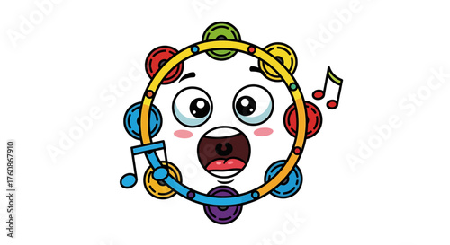 A cartoon tambourine with a face, singing with musical notes floating around it.