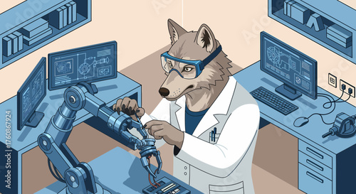 Innovative Scientist Wolf Examining Circuitry With Robotic Arm In Lab
